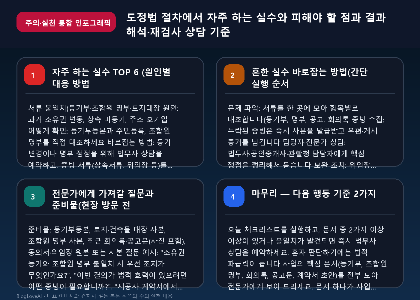 도정법 절차에서 자주 하는 실수와 피해야 할 점과 결과 해석·재검사 상담 기준 통합 인포그래픽