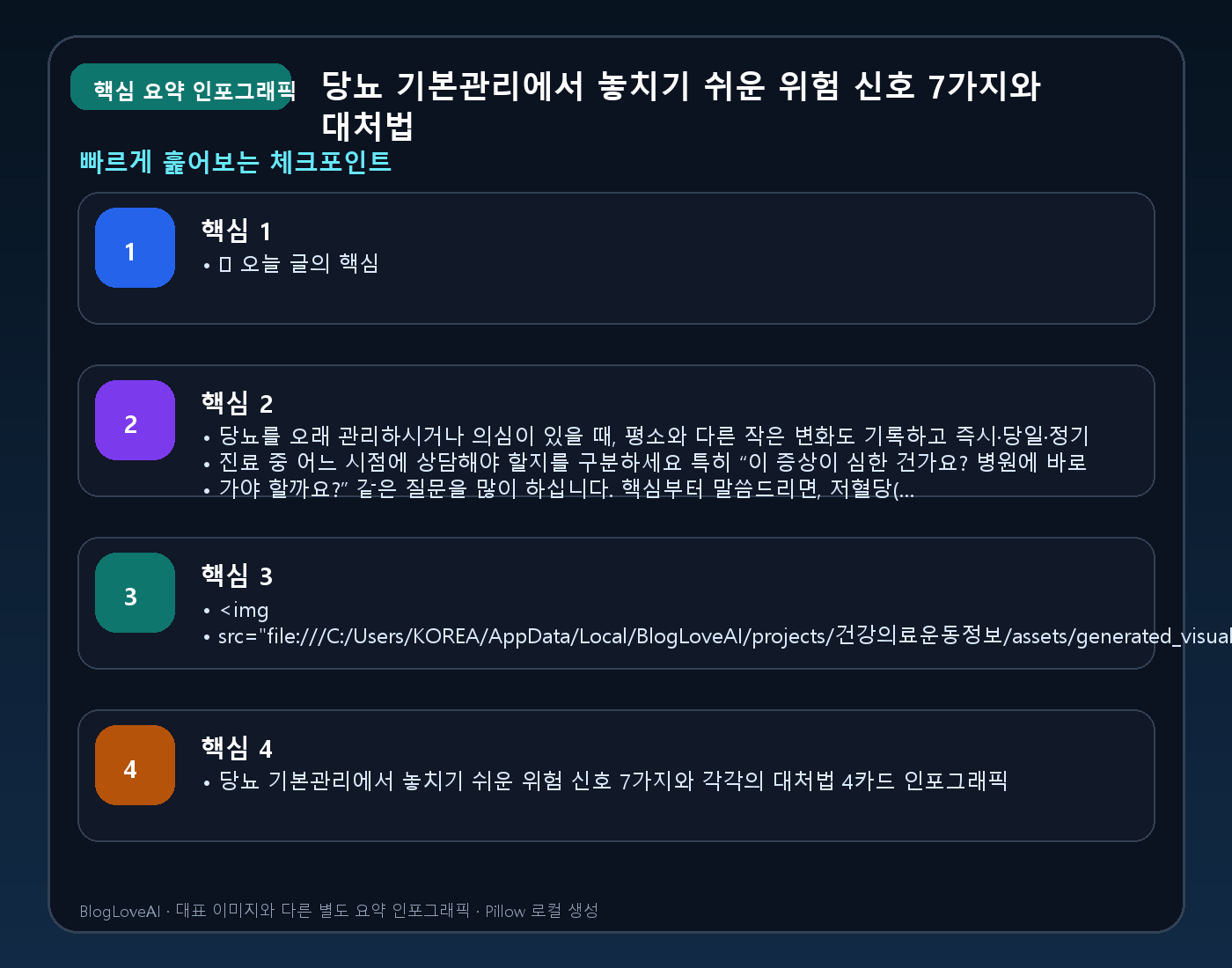 당뇨 기본관리에서 놓치기 쉬운 위험 신호 7가지와 대처법 핵심 요약 인포그래픽