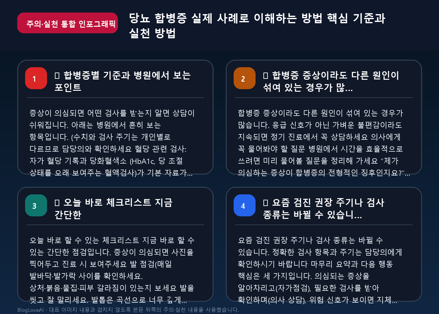 당뇨 합병증 실제 사례로 이해하는 방법 핵심 기준과 실천 방법 주의·실천 통합 인포그래픽