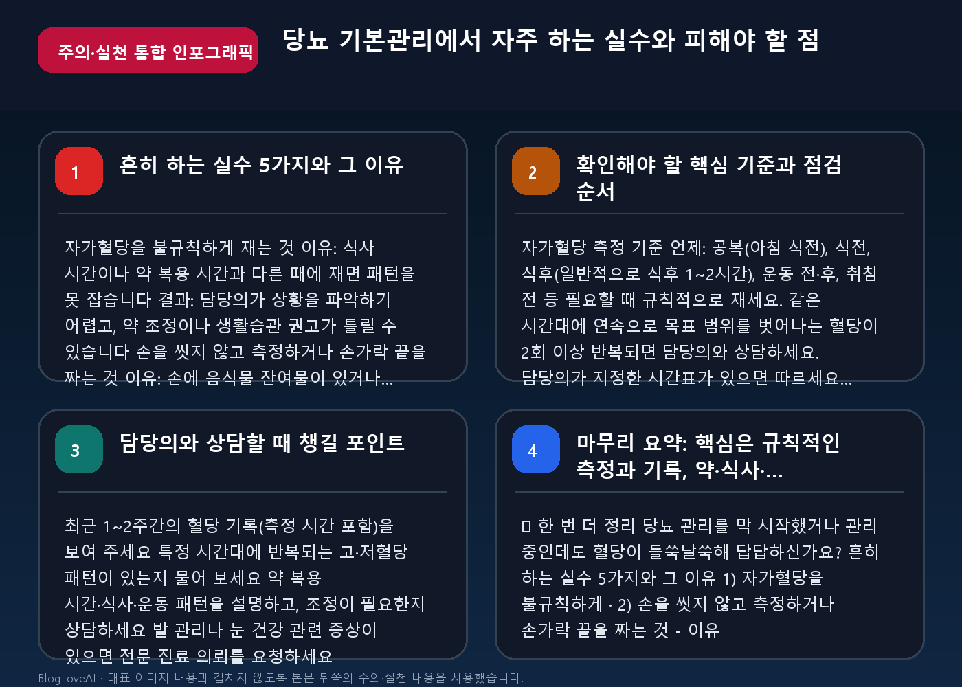 당뇨 기본관리에서 자주 하는 실수와 피해야 할 점 주의·실천 통합 인포그래픽
