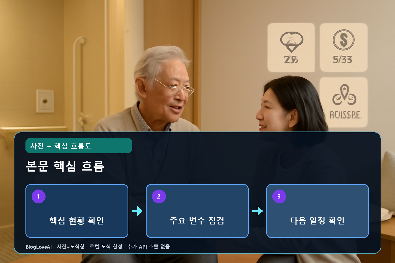 어르신이 안전한 집에서 가족과 이웃의 도움을 받아 웃으며 생활하는 장면