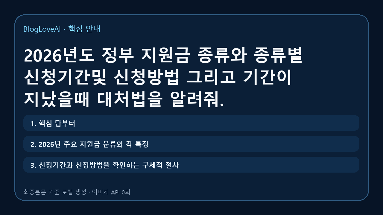 2026년도 정부 지원금 종류와 종류별 신청기간및 신청방법 그리고 기간이 지났을때 대처법을 알려줘.